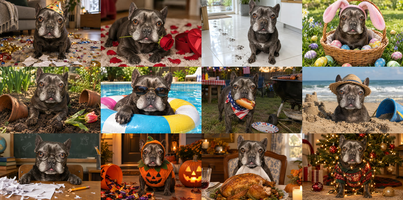 Twelve monthly calendar scenes of the same French Bulldog, from a New Year party hat to Christmas lights