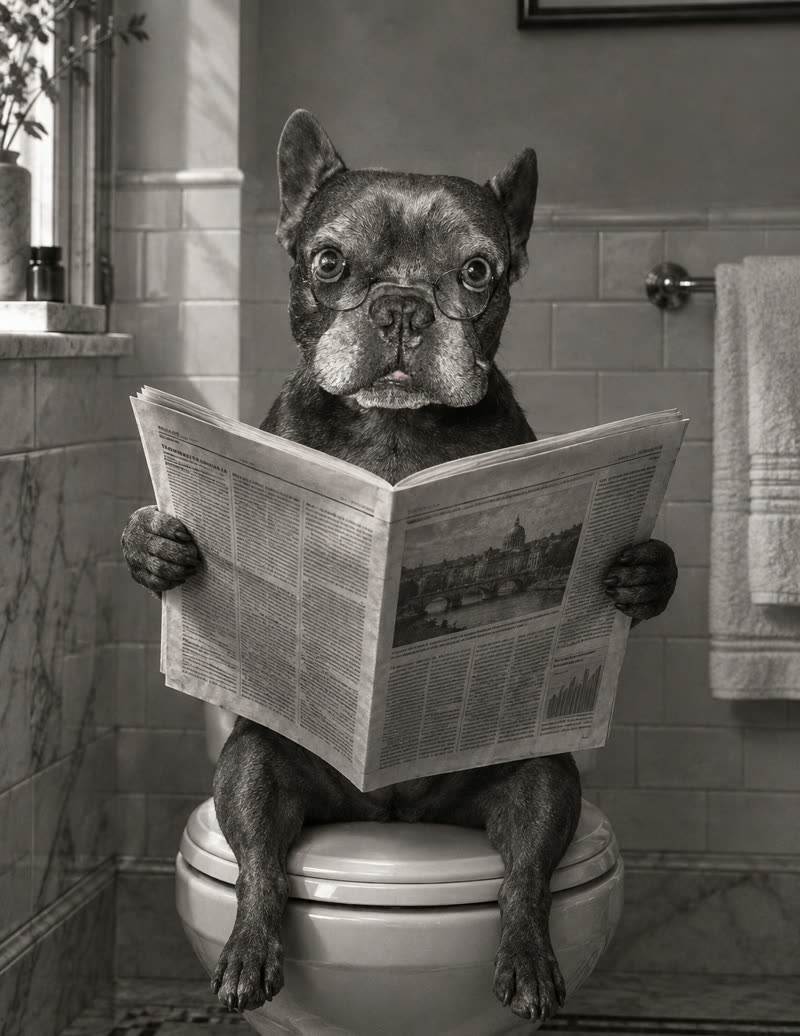 Black-and-white print: the same French Bulldog sits on a closed toilet lid reading a newspaper in round glasses