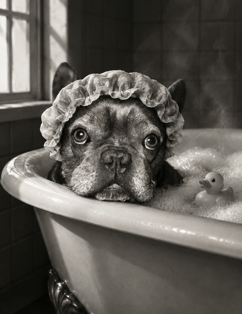 Black-and-white print: the same French Bulldog reclines in a clawfoot bathtub in a shower cap beside a rubber duck