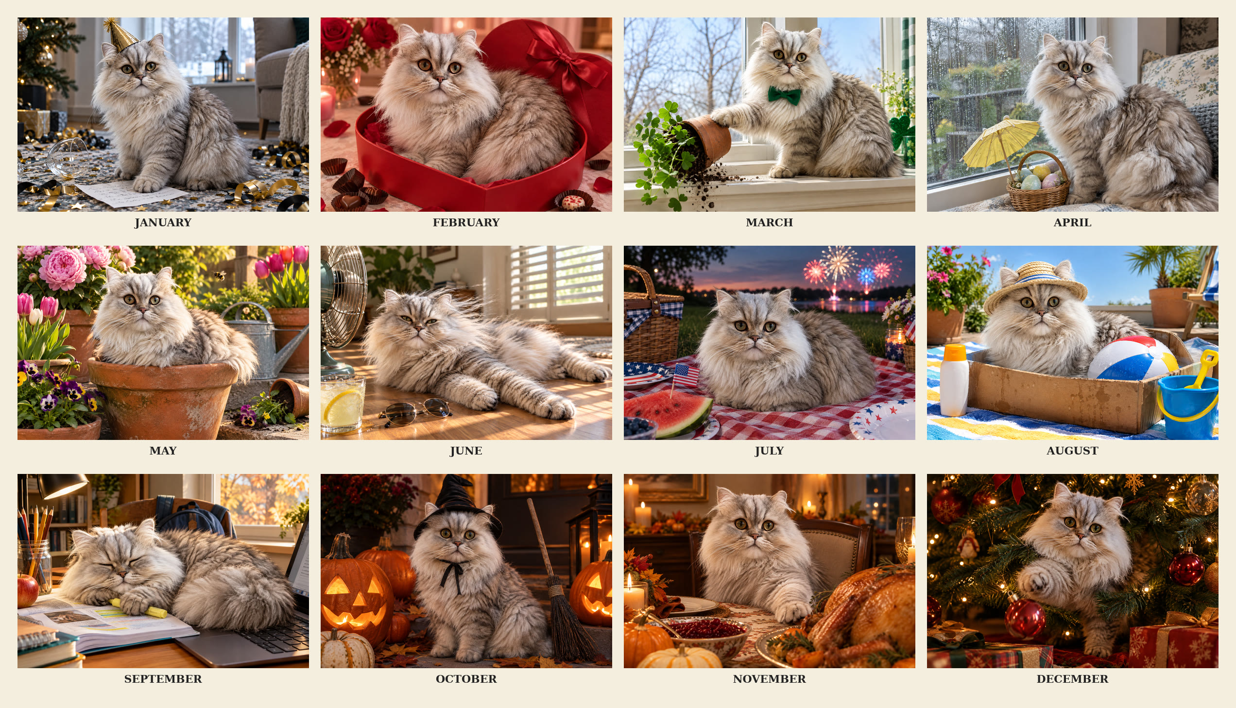 Twelve monthly calendar scenes of the same silver Persian cat