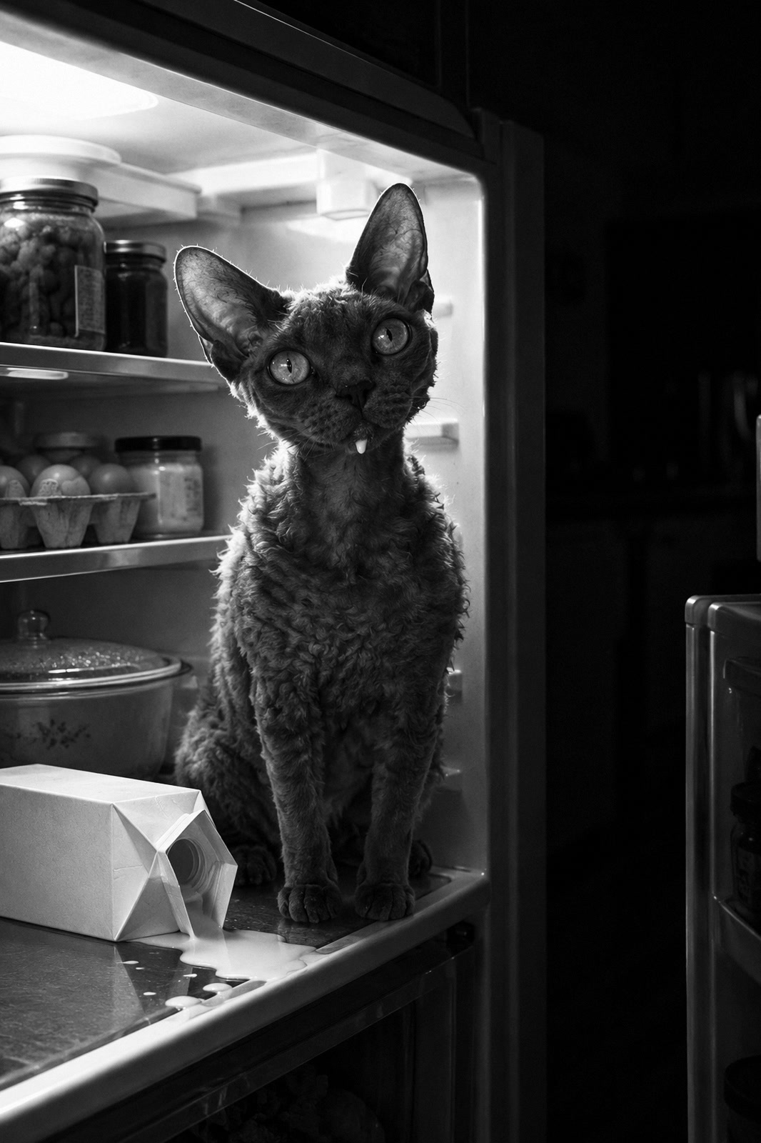 Black-and-white print from the Kitchen collection starring a Devon Rex