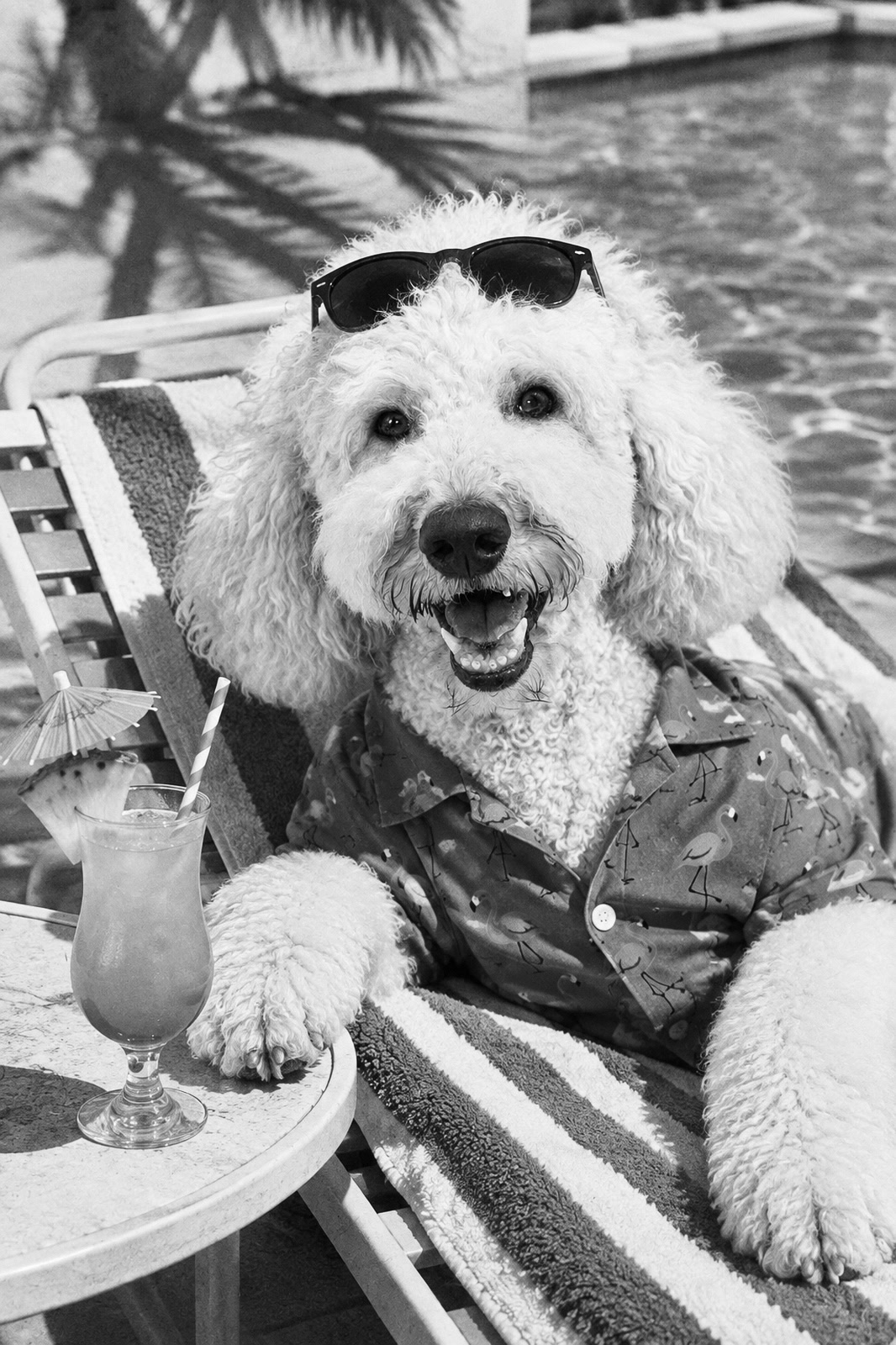 Black-and-white print from the Sunbathing collection starring a Goldendoodle