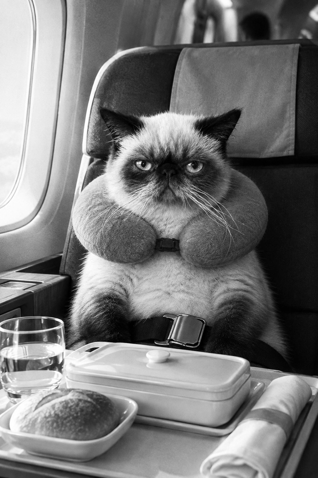 Black-and-white print from the Travel collection: an Exotic Shorthair at the airport