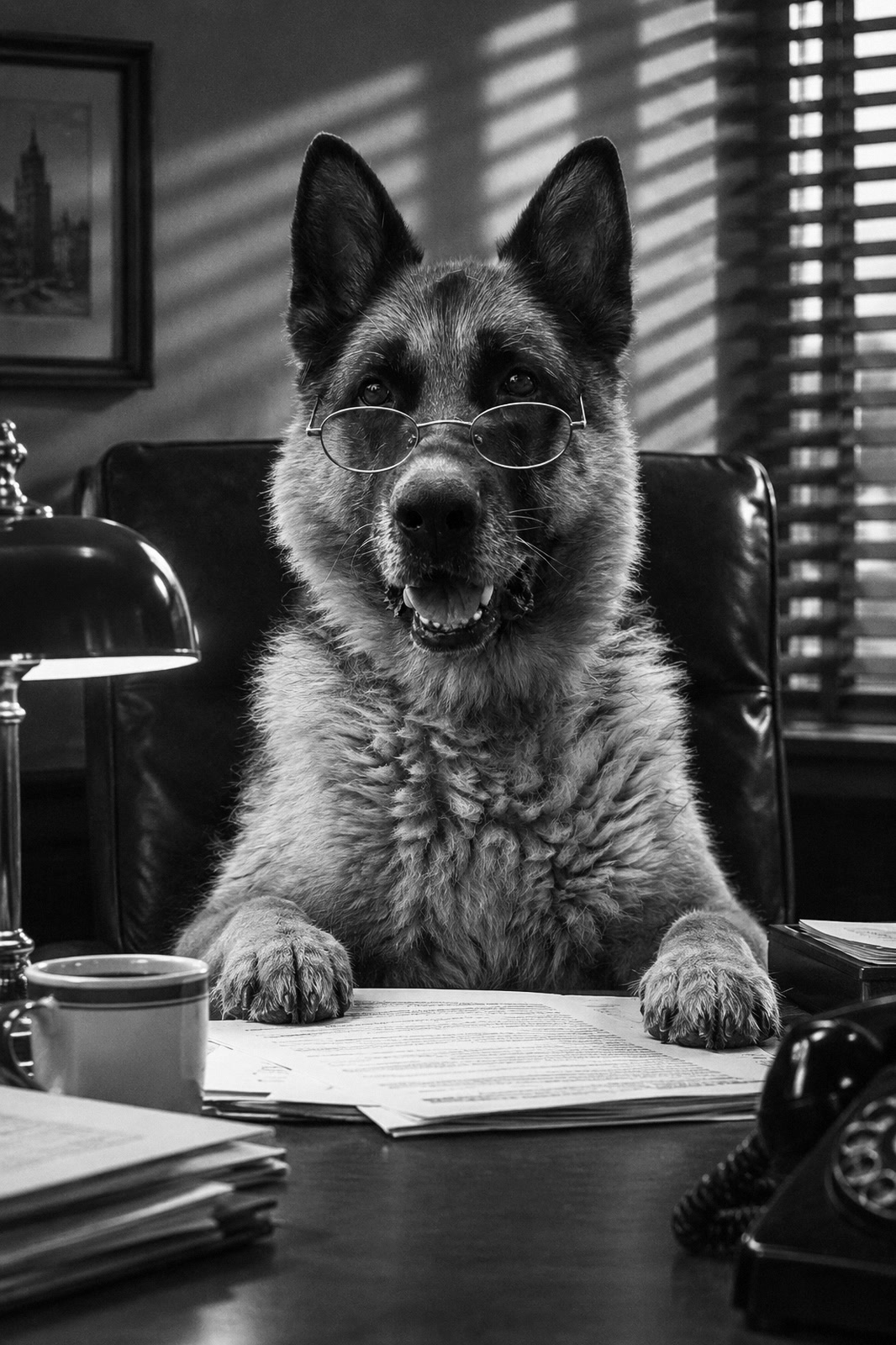 Black-and-white print from the Office collection starring a senior German Shepherd