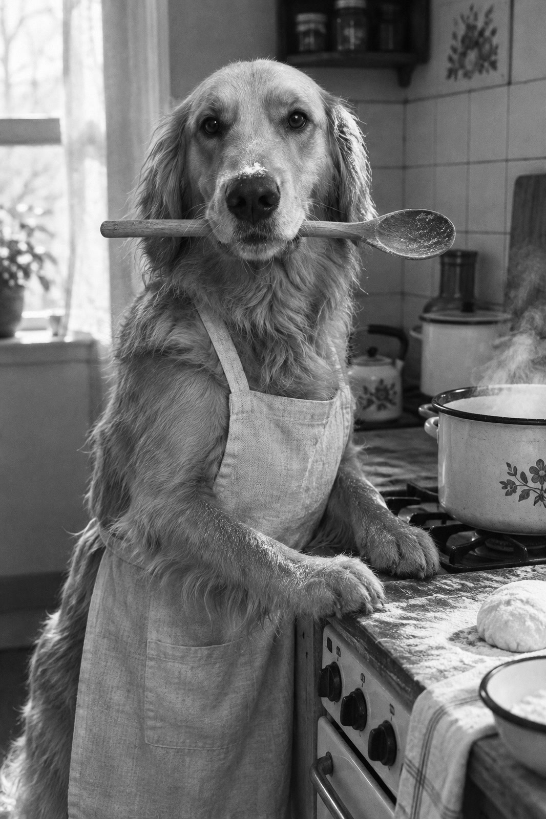 Black-and-white print from the Cooking collection starring a Golden Retriever