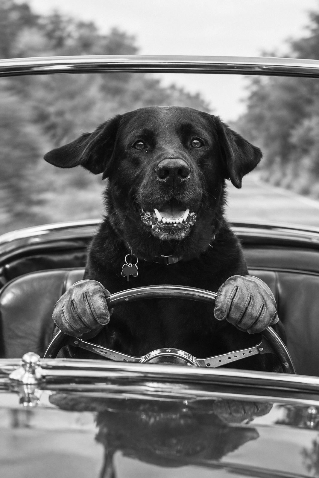 Black-and-white print from the Driving collection starring a black Labrador