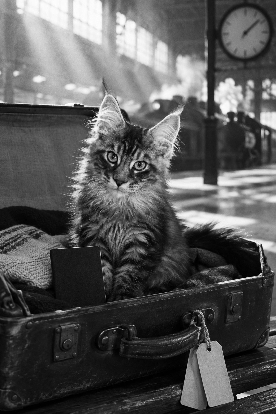 Black-and-white print from the Travel collection starring a Maine Coon kitten