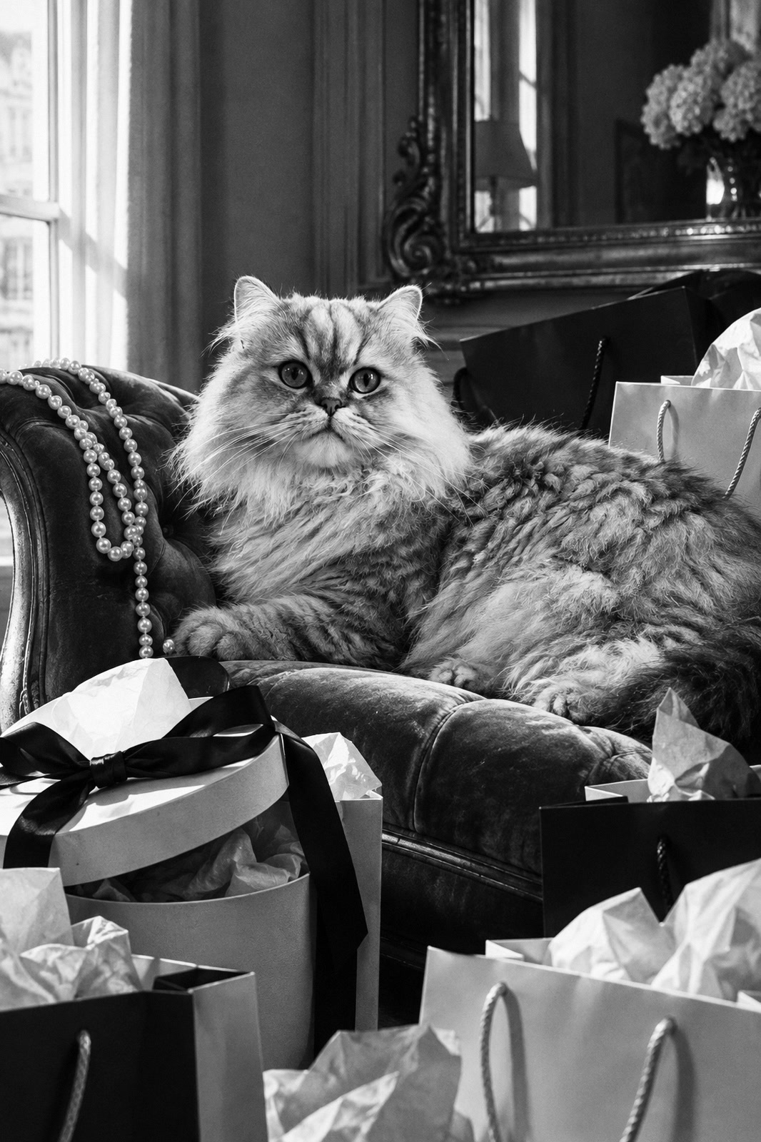 Black-and-white gallery print starring a silver Persian cat