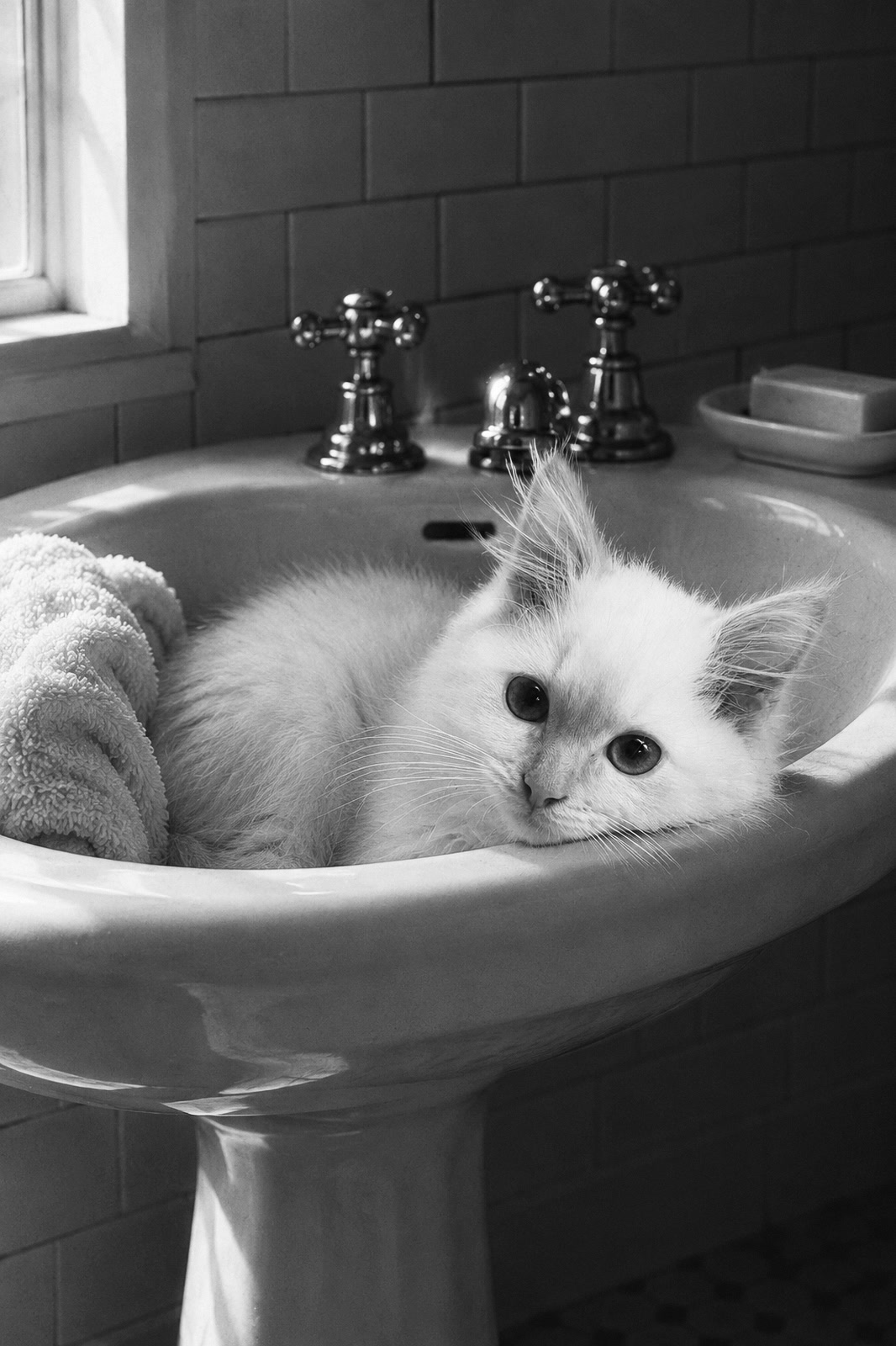 Black-and-white print from the Bathroom collection starring a flame-point Ragdoll kitten